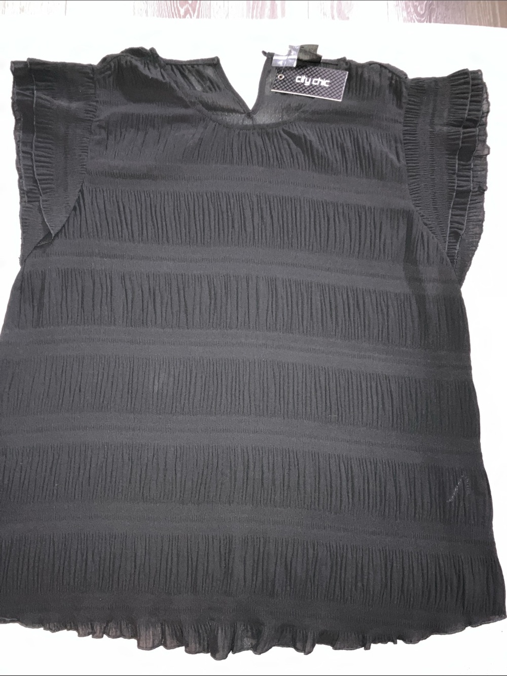 City Chic Black Pleated Ruffle Sleeve Top
